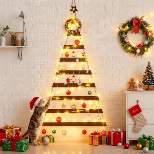 Vercraft Cat Proof Wall Christmas Tree with Light Hanging Mounted Wood