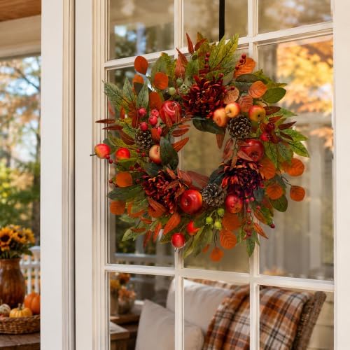 Svndlyn 22 Inch Fall Front Door Wreath with Faux Apples, Pinecones and Mums