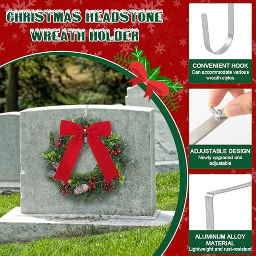 Yuntau 2 Sets Christmas Memorial Cemetery Wreath for Graves Kit Include 2 Pcs 15.8" Gravestone Wreaths 2 Pcs Wreath Hangers for Headstone Adjustable 6"- 11" Winter Xmas Tombstone Decor(Pine)