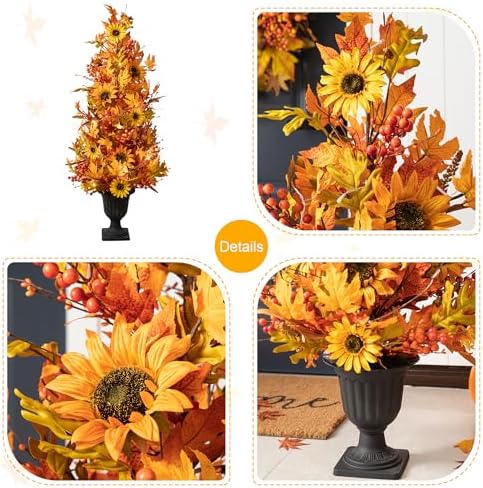 Glitzhome 2 Pcs 4FT Lighted Maple Tree with Timer, Artificial Fall Autumn Maple Leaf & Sunflower Urn Porch Tree with 20 Warm White LEDs for Autumn Fall Harvest Thanksgiving Christmas Decoration