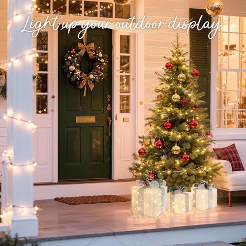 Towponics Set of 3 Christmas Lighted Gift Boxes with Plug, Indoor Outdoor Christmas Decorations with 60 LED Warm White Mini String Lights, Present Boxes with Silver Tinsel for Xmas Tree Porch Decor