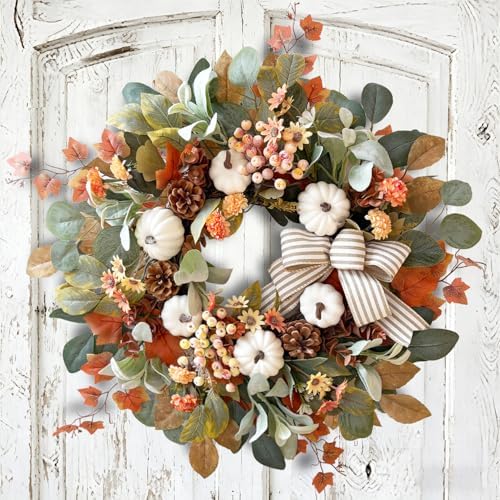 WANNA-CUL 24 Inch Farmhouse Fall Wreath for Front Door with White Pumpkin