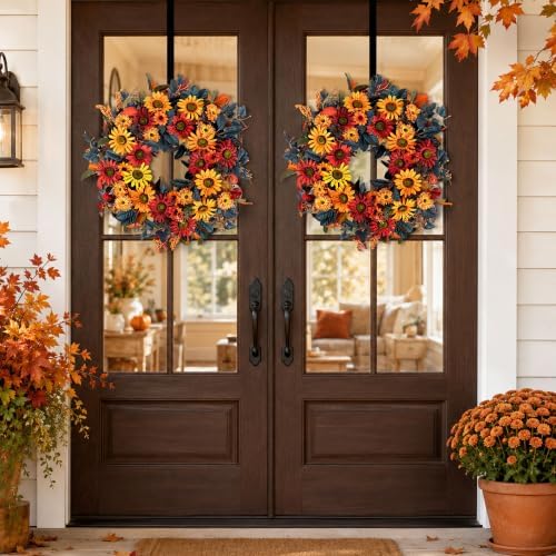 BLOSMON 24in Fall Wreaths for Front Door, Sunflower Fall Wreath with Hanger