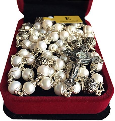 elegantmedical Wire Wraped Bali 925 Sterling Silver Pearl Beads Rosary Necklace Cross
