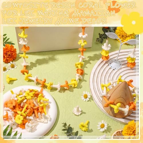 Jutom 100 Pcs Puakenikeni Clay Flowers Beads 20mm Handmade Pikake Clay Bead with Pre-drilled Holes Hawaiian Pikake Flower Beads for Earrings Necklaces Jewelry Making (Orange White Yellow)