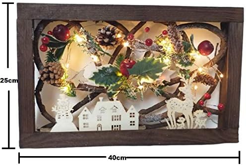 SHATCHI 40cm LED Pre-Lit Decorated with Leaves Pine Cones Berries 3D Nordic Christmas Scene Rectangle Shape Wooden Frame Tabletop Decorations Xmas Ornament Gifts
