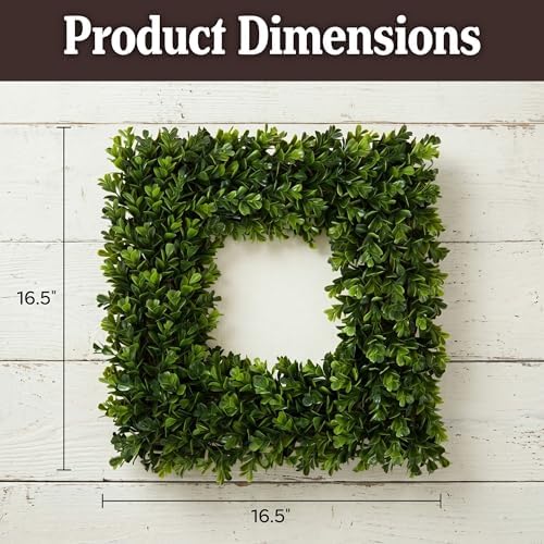 Pure Garden Square Boxwood Wreath for Front Door, Green, 16.5”