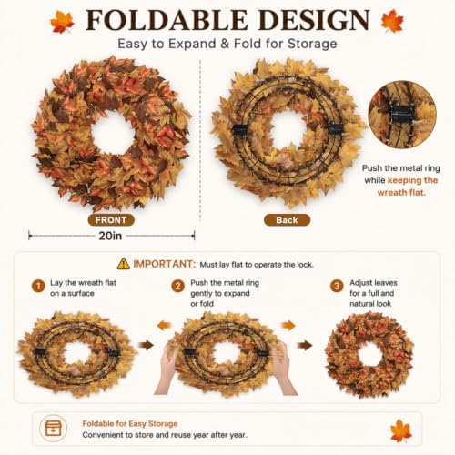 20" Fall Wreath for Front Door, Artificial Maple Leaves Autumn Wreath