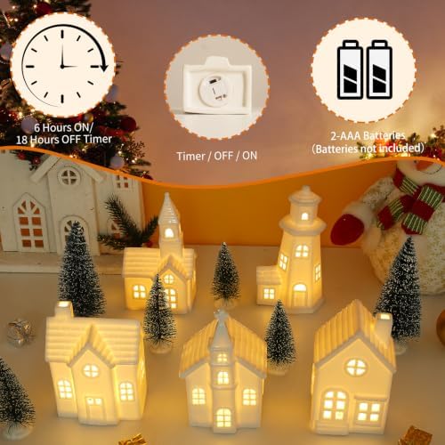 11Pcs White Ceramic Christmas Village Houses with Timer