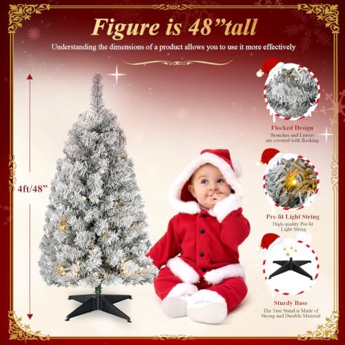 Okicoler 4FT Pre-Lit Flocked Downswept Artificial Christmas Tree, Battery Operated 80 LED Lights with 11 Lighting Modes, 176 Branch Tips, Sturdy Foldable Base, White