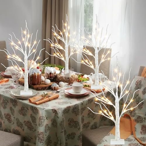 PEIDUO Christmas Decorations for The Home, 2FT BirchTree with LED Lights, Warm White Tree Lamp, Fairy Light Spirit Tree for Room Inside Fireplace Home Decor, Battery Powered, Timer (4PK)