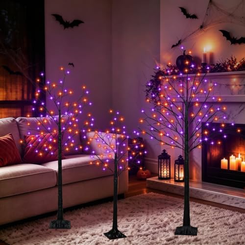 Set of 3 Lighted Black Halloween Tree Lights 4/5/6FT 300 LED Orange Purple