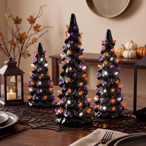 Best Choice Products 3Pc Ceramic Halloween Trees, Pre-Lit Hand Painted Pencil Holiday Tabletop Trees w/Orange Purple & White LED Lights