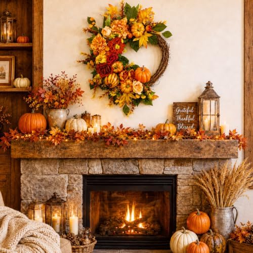 Suncalla Fall Wreath for Front Door 20" Autumn Pumpkin Maple Leaves