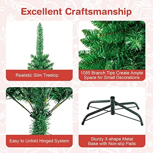 Goplus 7.5ft Prelit Pencil Christmas Tree, Premium Hinged Fir Tree, with Warm White LED Lights and Solid Metal Stand, Easy Assemble, Ideal Artificial Xmas Tree for Home and Office