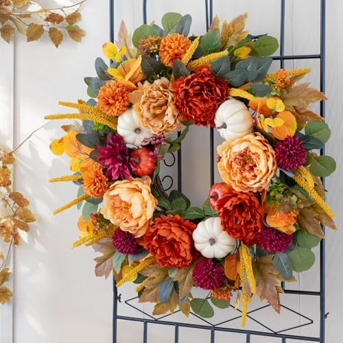 24 Inch Fall Wreaths for Front Door with Orange Peony and Burgundy Dahlias