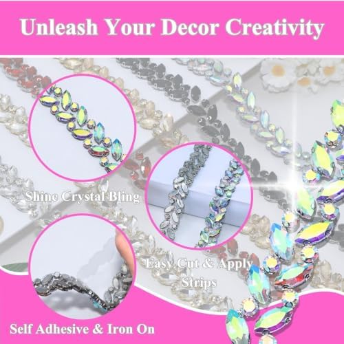 6 Yards Crystal Rhinestone Ribbon Trim, AB Silver Self Adhesive Bling Diamond Tape Strips Roll, Chain Applique Stickers for Dress Wedding Fringe & DIY Craft Decoration