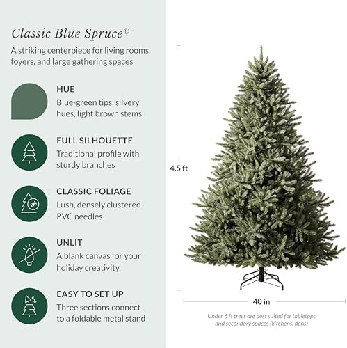 Balsam Hill 4.5 ft Unlit Classic Blue Spruce - Artificial Christmas Tree with Premium Stand for Indoor Holiday Decorating