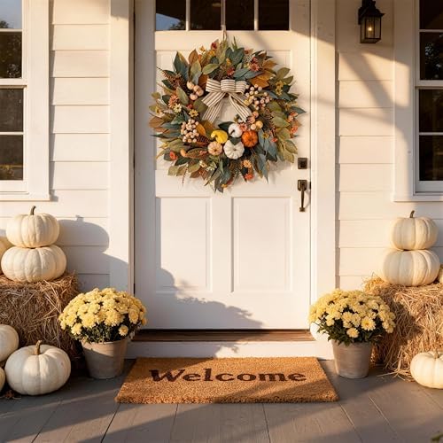 HipTree 24 Inch Fall Wreath for Front Door,Pumpkin Wreath Farmhouse Decor