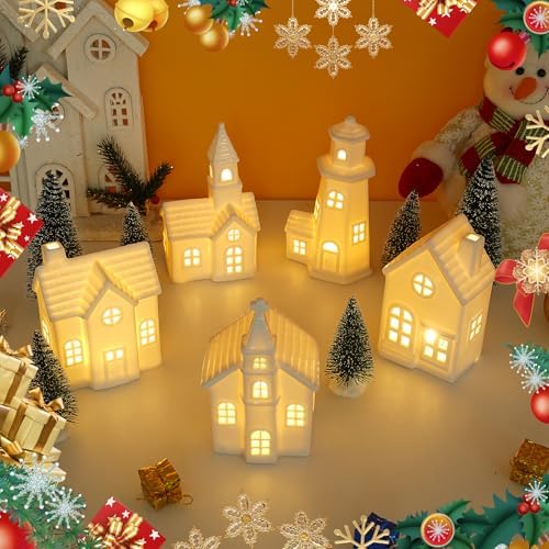 11Pcs White Ceramic Christmas Village Houses with Timer