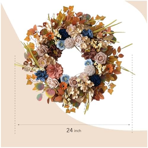 24" Fall Flowers Wreath with Eucalyptus Maple Leaves for Front Door