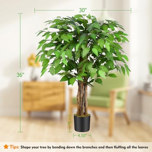 3ft Ficus Artificial Trees with Natural Curved Trunks, 36" Tall Lush Faux Tree for Home Decor Indoor, Green Lifelike Fake Ficus Tree Artificial Plants(Set of 2)