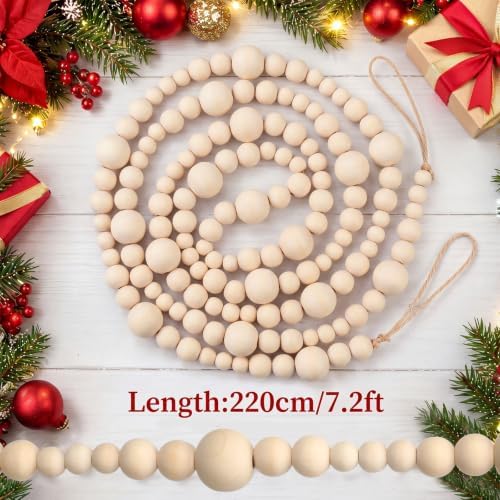 Bucherry 4 Pcs Christmas Wood Bead Garland 28.8 Feet, Natural
