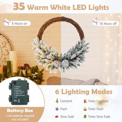GOFLAME 24” Pre-lit Artificial Christmas Wreath, Snow Flocked Xmas Hoop Wreath with 35 LED Lights, 65 Branch Tips, 8 Natural Pine Cones, Timer, Battery-Operated Holiday Decoration for Window Wall