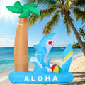 GOOSH 7.4 FT Summer Inflatable Shark with Palm Tree, Surfboard & Beach Ball Outdoor Blow Up Yard Decoration with LED Lights for Hawaiian Beach Party Garden Lawn Birthday Pool Decor