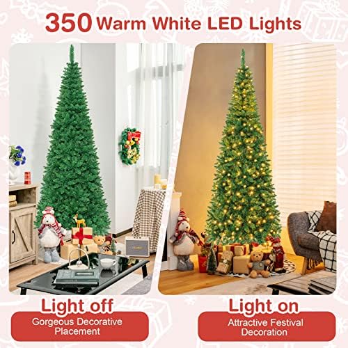 Goplus 7.5ft Prelit Pencil Christmas Tree, Premium Hinged Fir Tree, with Warm White LED Lights and Solid Metal Stand, Easy Assemble, Ideal Artificial Xmas Tree for Home and Office
