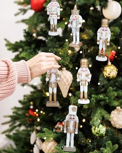 10Pcs Nutcracker Christmas Decor Nutcracker Ornaments for Christmas Tree Wooden Nutcracker Hanging Decorations Gold and Silver Nutcracker Soldiers Glittered Nutcracker Figures 5.2” Xmas Ornament Set