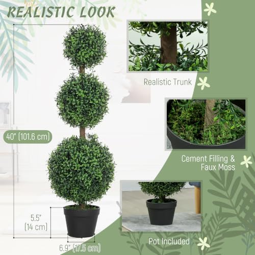 HOMCOM Artificial Triple Ball Boxwood Topiary Trees Outdoor 40" Set of 2