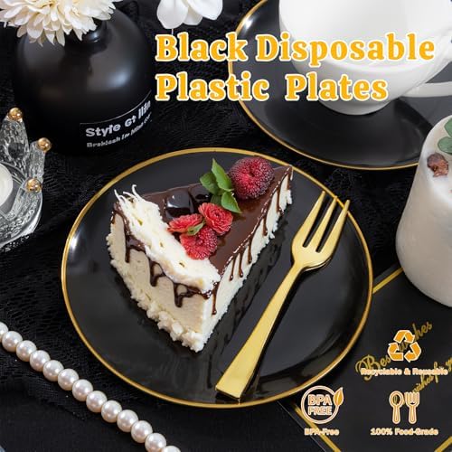 Festiva 400Pcs Black Gold Dessert Plates 6.3" with Forks 5"- 200PCS Small Disposable Dessert/Cake/Appetizer Plates and 200PCS Forks - Serve 200 Guests for Birthday Party& Wedding
