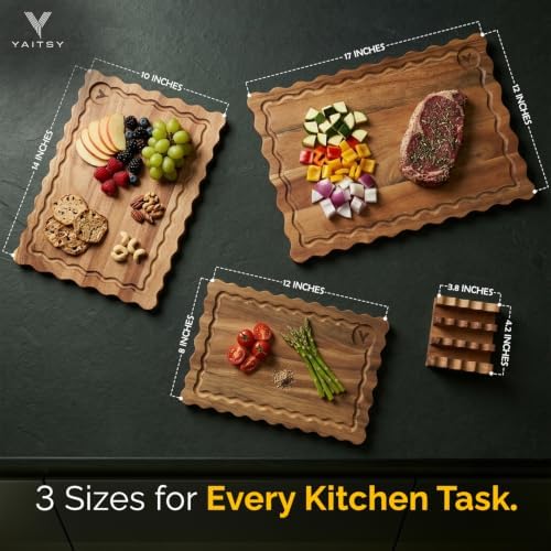 Scalloped Acacia Cutting Board Set of 3- Wooden Cutting Boards for Kitchen, Decorative Shaped Wood Serving Tray for Bread, Cheese & Charcuterie, Wreath Style - Small, Medium, and Large Size