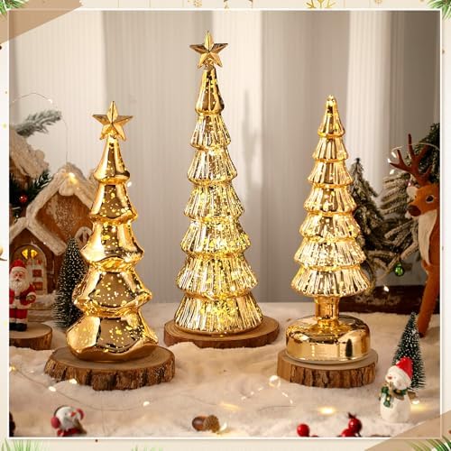 Funnymoom 3 Pack Glass Christmas Trees Light up Decor, Gold, Classic