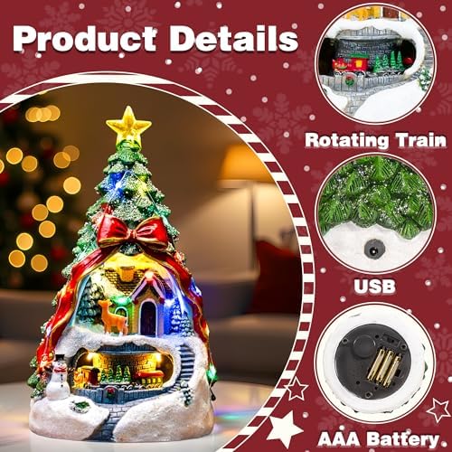 MXwcy Animated Musical Christmas Tree Village – Lighted Figurine with Spinning Santa Train, Plays 8 Holiday Carols, Tabletop Home Decor & Gift
