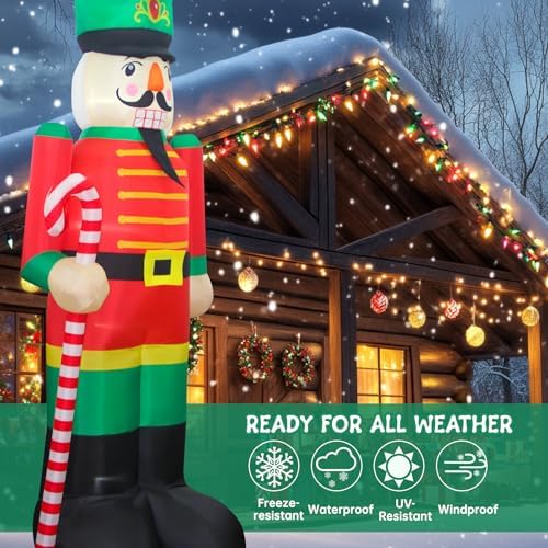 Evoio 12 Ft Giant Christmas Nutcracker Inflatables Decorations Blow Up Nutcracker Holding a Candy Cane, Large Light up Inflatable Nutcracker for Outdoor Yard Outside Christmas Decorations