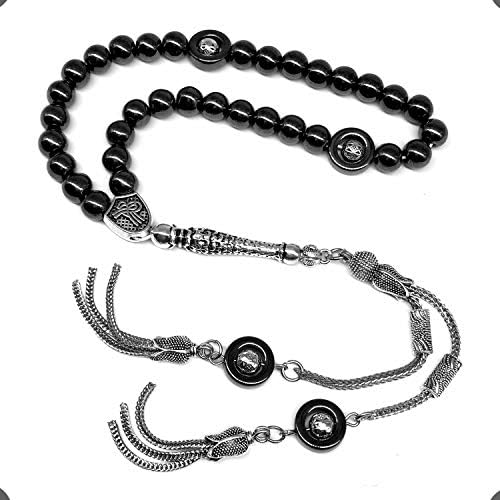 Design - Long & Stylist Tassels Worry Beads - Prayer Beads (8 mm-33 Beads) Tesbih-Tasbih-Tasbeeh-Misbaha-Subha-Sebha-Sibha-Rosary (Black Hematite - Silver Plated)