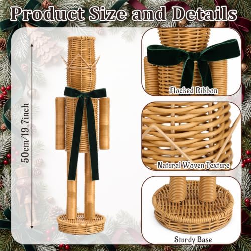Thiccywoov 20" Rattan Nutcracker with Velvet Bow Christmas Farmhouse Decor