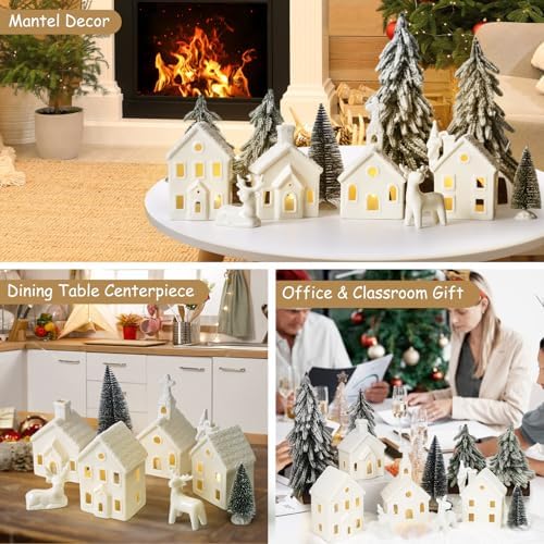 Christmas Decorations Indoor - 9 Piece Christmas Village Sets with 4 Remote Control Lighted Ceramic Houses, 2 Trees, 2 Deer & Santa - Neutral White Farmhouse Holiday Decor for Home Table Room(White)