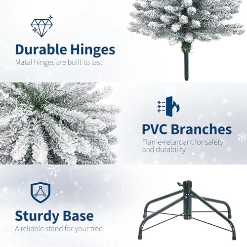 6Ft Pre-Lit Snow Flocked Pencil Christmas Tree, Fir Hinged Slim Skinny Corner Xmas Tree with 120 Incandescent Warm White Lights & Snow Branch Tips, White