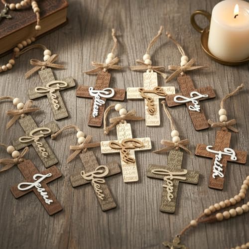 Threehoney 40 Pcs Wooden Cross Ornaments Christmas Tree Religious Decor