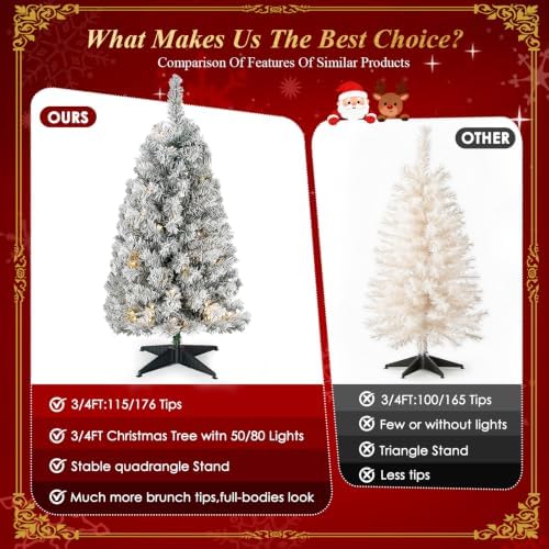 Okicoler 4FT Pre-Lit Flocked Downswept Artificial Christmas Tree, Battery Operated 80 LED Lights with 11 Lighting Modes, 176 Branch Tips, Sturdy Foldable Base, White