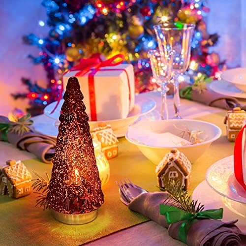 Red Glass Christmas Tree 3pcs, Small Tabletop Mercury Christmas Tree with Light, Battery Operated Xmas Tree for Fireplace Bathroom Decor 10"