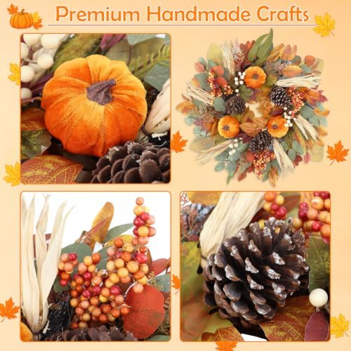 26 Inch Fall Wreaths for Front Door, Autumn Harvest Wreath, Large Autumn Wreath with Pumpkin, Pinecones and Berries, Fall Wreath for Thanksgiving & Harvest Fall Door Decor