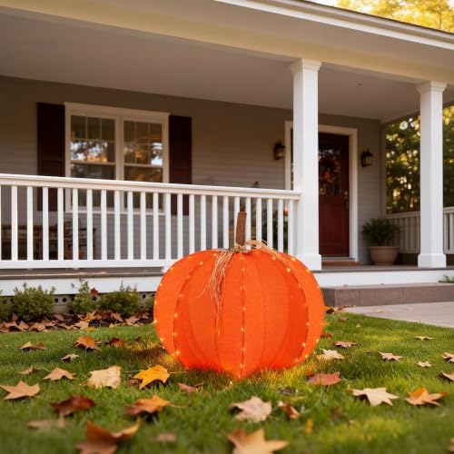 Glitzhome Fall Lighted Outdoor Decor, 32" D 3D Pumpkin Display with 100 Golden LED Lights Timer, Foldable Harvest Yard Decoration for Porch Garden