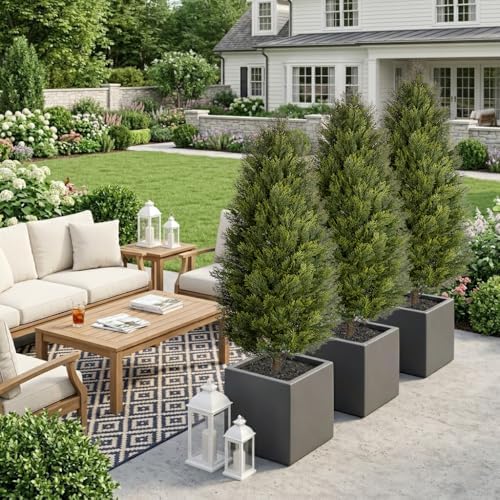 Artificial Cedar Tree Set of 2 – 5ft UV-Resistant Faux Evergreen Potted Tree, Cone-Shaped Decorative Indoor & Outdoor Cedar Tree for Front Porch, Entryway, Patio, Living Room