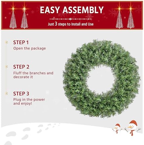 Yaheetech 30in Large Artificial Christmas Wreath, Pre-lit Holiday Accent Decoration with Red Bow, 110 LED Lights & 300 PVC Tips, Metal Structure for Door Wall & Mantel