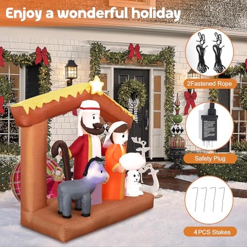 6FT H Christmas Inflatable Nativity Scene with Build-in LED Lights, Christmas Inflatable Outdoor Indoor Decorations Large Party Yard Decoration (The Nativity)
