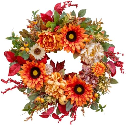 24 Inch Harvest Fall Wreaths for Front Door with Sunflower,Peony,Hydrangeas